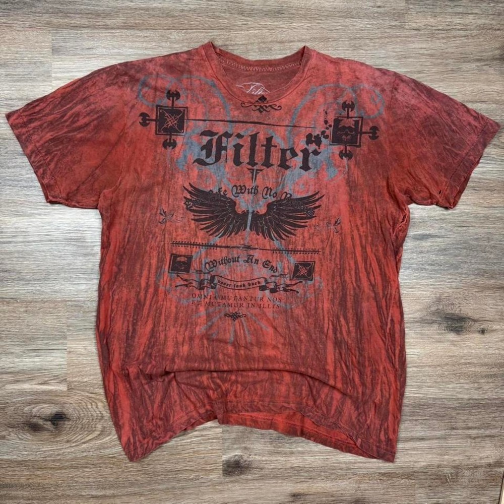 beautifully faded and distressed red filter graphic y2k grunge style graphic tee